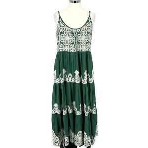 Roller Rabbit Green White Embroidery Design Apricus Dakota Maxi Dress Size Large